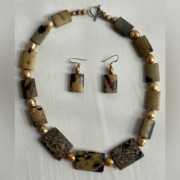 Jasper and Gold Pearl 18” Necklace and Earrings Set Sterling Silver - Picture 2 of 11